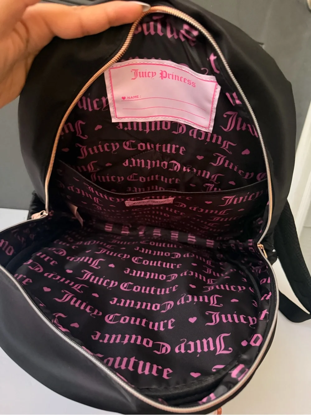 Juicy Couture brown chocolate Backpack with Pink Logo Lining and Rose Gold Trim
